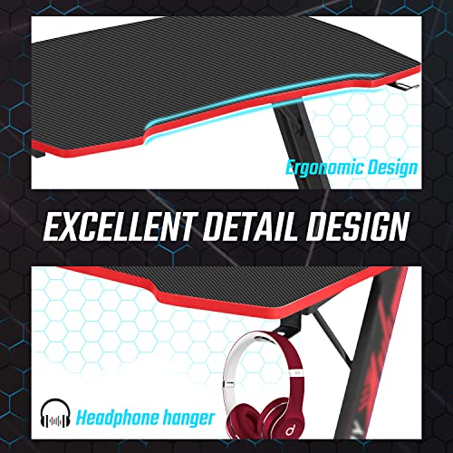 BestOffice | 39" Gaming Table | Red | Z-Shaped Computer Desk | with Steel Frame, Headphone Hook, Adjustable Feet | Carbon Fiber Texture| Easy to Clean | for Gaming, Home Office - color: Red, size: 39 Inch Z Shaped
