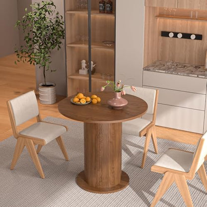 31.5 inch Round Dining Table for 2, Modern Farmhouse Kitchen Table | Small Circle Dining Tables with Wood Strip Base for Kitchen Living Room - color: Walnut