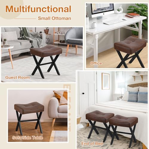 18-Inch Leather Vanity Stool Chair, Dark Brown Makeup Stool | Vanity Bench, Metal X-Leg, Ottoman Accent Stool, Thick Padded Saddle Seat, 300 LBS, 16.3"x12.4"x18", For Bedroom, Closet - size: Small, style: Dark Brown Leather