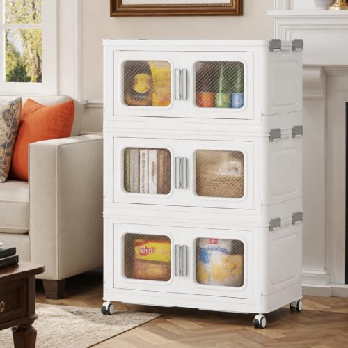 BROVIEW 150 Qt Extra Large Stackable Storage Bin with Lids, 3 Pack White | 37.5Gal Extra Large, Collapsible Storage Boxes with 3 Lids, Folding& Rolling Plastic Drawer, Heavy-Duty Cabinet Organization - color: White, size: 50QT-3pack