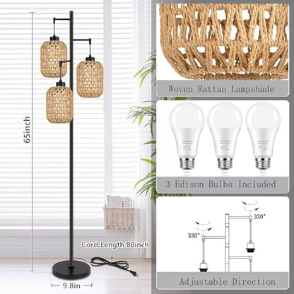 QIYIZM Floor Lamp for Living Room,Bedroom,Boho Rattan Tree 3 Lights Farmhouse Floor Lights,Industrial Black Standing Lamp Wicker Rustic Tall Lamp,Woven Bamboo LampShade Floor Lamps Bohemian - size: Floor Lamp--17