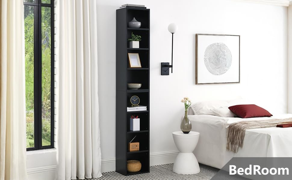 Tall Narrow Bookshelf,8-Tiers Bookcase with Adjustable Shelves,Double-Decker Combination Thin Media Tower Rack,CD DVD Slim Storage Cabinet for Living Room,Bedroom,Studio and Office (Black, 71"H) - color: Black
