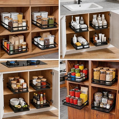 AOVA Pull Out Under Sink Organizer, Single-Tier Metal Sliding Shelf | Carbon steel basket, smooth slide-out rails, no-drill adhesive setup, for kitchen, pantry and bathroom cabinets