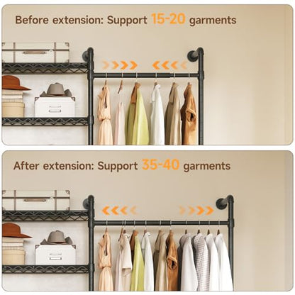 H6 Wall Mounted Closet System, Industrial Pipe Clothes Rack, Black | Metal Clothing Rack with 6 Telescopic Rods & 3 Fixing Rods & 9 Shelves, Heavy Duty Closet Organizers and Storage in Wardrobe - color: Black