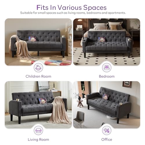 TYBOATLE 157.5cm(62인치) W 2인용 소파 USB 충전기 포트 2개와 컵홀더 2개 포함 | Mid-Century 모던 터프트 리넨 원단 작은 러브 시트 카우치 컴팩트한 거실, 침실, 아파트, 기숙사용 - color: 다크 그레이.