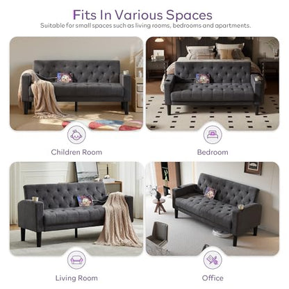 TYBOATLE 157.5cm(62인치) W 2인용 소파 USB 충전기 포트 2개와 컵홀더 2개 포함 | Mid-Century 모던 터프트 리넨 원단 작은 러브 시트 카우치 컴팩트한 거실, 침실, 아파트, 기숙사용 - color: 다크 그레이.