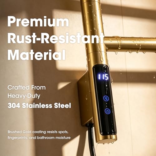 TRUSTMI 4-Swing Electric Towel Warmer with Timer, Brushed Gold | Rust-proof 304 SS warmer with carbon fiber heat, LED touch 24H timer, and 4 swing arms. Keeps bathroom towels dry - color: Brushed Gold