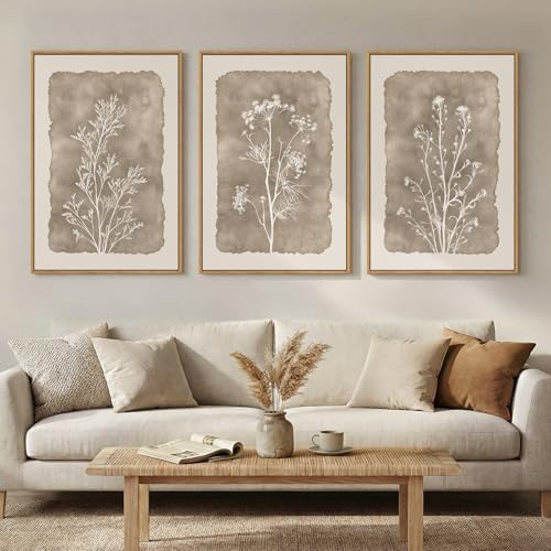 3 Piece Framed Neutral Botanical Floral Wall Art for Living Room, 16x24 In | Large, Canvas prints, Farmhouse artwork, Minimalist paintings, Wildflower, Plant, Bedroom picture, Dining room wall decor - color: white and beige, size: 16W" x 24H"x3Pcs