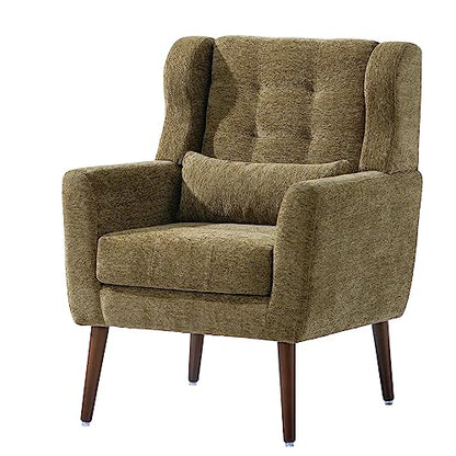 Accent Chair, Living Room Chairs with Solid Wood Legs & Pillow | Chairs Living Room with High Tufted Backrest, Reading Chair for Bedroom/Office, Chenille Fabric - color: Olive Green