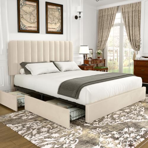 VECELO Queen Size Upholstered Bed Frame with 4 Drawers and Headboard, Velvet Platform Storage Bedframe, Wooden Slats Support, No Box Spring Needed, Beige - color: Beige, size: Queen, style: Bed Frame with Drawer