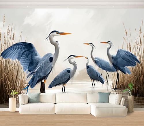 Wall Mural Blue Heron Sea Bird Wild Coastal Birds Vintage Herons Water Reeds Peel & Stick Wallpaper Removable Self-Adhesive Large Wall Sticker Wall Decor for Bedroom Living Room Nursery 100"x144" - color: Multi3, size: 100"x144"