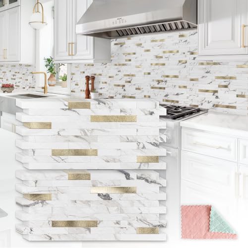 StyloVue 20 Sheets Peel and Stick Backsplash for Kitchen, Volakas White Marble Look with Gold Metal, Stick on Tile for Kitchen Backsplash, RV, Fireplace - color: Volakas White Marble