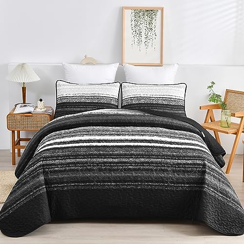 DJY Black Striped Quilt Set Queen Size, Boho Stripe Patchwork Bedspread Coverlet Set Soft Microfiber Quilt Bedding Set 3 Pieces for All Season(90"x96") - color: Black, size: Queen