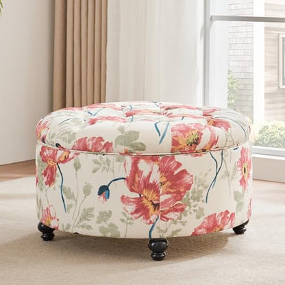 HUIMO 30-Inch Round Storage Ottoman, Button Tufted Coffee Table(Red Flower) | Ottoman Coffee Table with Removable Top, Upholstered Ottoman with Storage, Footrest Stool for Living Room, Bedroom and Office - color: Red Flower