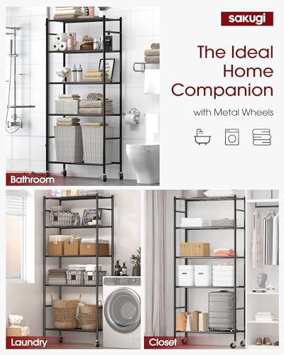Sakugi 5-Tier Storage Shelves 33.1" x12.6" x73.5" Black with Wheels | Kitchen, Closet, Pantry, Garage, Heavy Duty, Adjustable Feet, Metal Construction - color: Black, size: 33.1W x 12.6D x 73.5H(5T)
