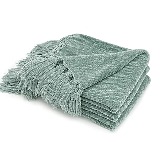 RECYCO Chenille Throw Blanket for Couch, 50"x60", Sage | Super Soft Knit Throw Blanket with Fringe Tassels, Lightweight Knitted Throw, Cozy, Ideal for Sofa Chair Bed Living Room Gift - color: Sage, size: 50'' X 60''