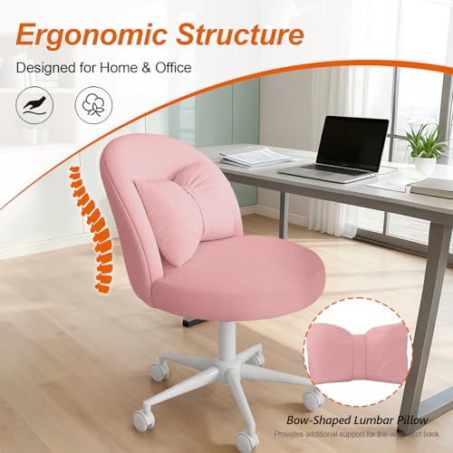 Desk Chair with Soft Cushion, Adjustable Height Armless Office Chair Upholstered Makeup Vanity Chair, Swivel Accent Chair for Living Room, Bedroom, Study, Home Office - color: Solid Pink