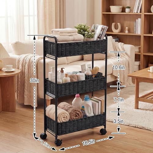 Utility Slim Storage Cart,3-Tier Rolling Kitchen Office Laundry Room Cart,Mobile Shelving Unit Organizer for Living Room Bathroom Baby Diaper Narrow Places (Black, 3 Tiers-7.1 inch (W)) - color: Black