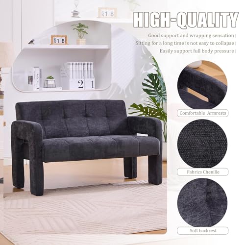 46.8" Modern Compact Loveseat, Chenille Upholstered Sofa with Dual Armrests - Small Two-Seater Lounge Couch for Small Spaces, Living Rooms, Bedrooms (Black) - color: Black