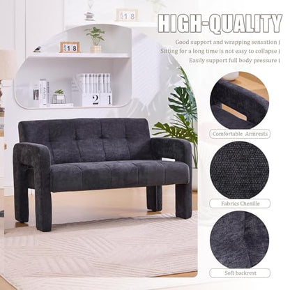 46.8" Modern Compact Loveseat, Chenille Upholstered Sofa with Dual Armrests - Small Two-Seater Lounge Couch for Small Spaces, Living Rooms, Bedrooms (Black) - color: Black