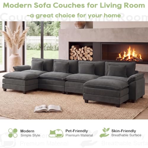154" Modular Sectional Sofa, Comfy Deep Cloud Couch with Ottoman | U-Shaped Couches for Living Room, Modular Couch, Deep and Wide Seat, Velvet Sofa Sleeper with Throw Pillows, Blue Grey - color: Blue Gray, size: 154 Inch U