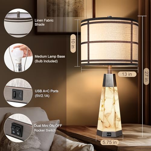 KIVDITZO 27" Alabaster Bedside Table Lamps Set of 2 with Night Light | Bedroom Lamps with Night Light, Living Room Lamps with USB A+C Ports, Table Lamp with Linen Shade for Bedside, Bulbs Included - color: Bronze