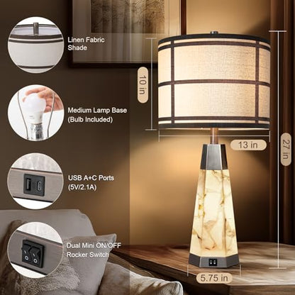 KIVDITZO 27" Alabaster Bedside Table Lamps Set of 2 with Night Light | Bedroom Lamps with Night Light, Living Room Lamps with USB A+C Ports, Table Lamp with Linen Shade for Bedside, Bulbs Included - color: Bronze