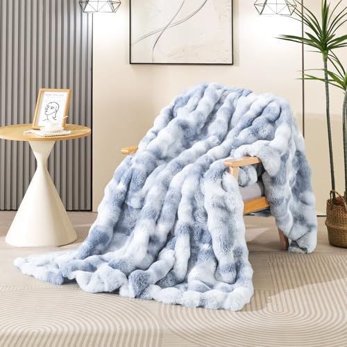 Latepis Faux Fur Fluffy Blanket for Couch, Super Soft Luxury Faux Fur Bubble Plush Thick Warm Cozy Fuzzy Twin Blanket for All Seasons, 60” x 80”, Tie-dye Blue, 860GSM - color: Tie Dye Blue, size: Twin-60''*80''