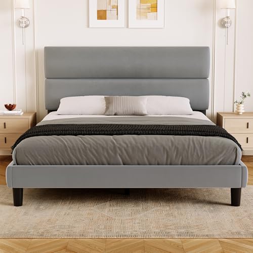GRUSIGN Queen Size Platform Bed Frame with Velvet Headboard, Adjustable Height Wooden Slats Support, Upholstered Mattress Foundation, Fits Mattress or Mattress with Box Spring, Easy Assembly, Grey - color: Grey, size: Queen