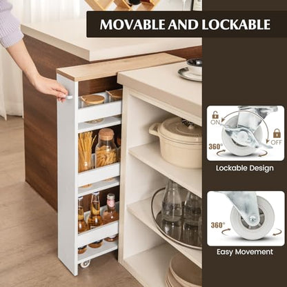 Slim Storage Cart, 4-Tier Rolling Cart with Handle & Wooden Top for Kitchen Bathroom Laundry Living Room Narrow Small Spaces, 5 Inches Width (White & Natural) - color: White & Natural