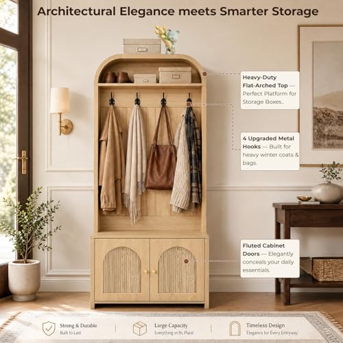 Narrow Entryway Hall Tree with Storage Bench, Modern Fluted Coat Rack and 2-Door Shoe Cabinet for Small Spaces, Arched Mudroom Organizer to Hide Clutter, Natural