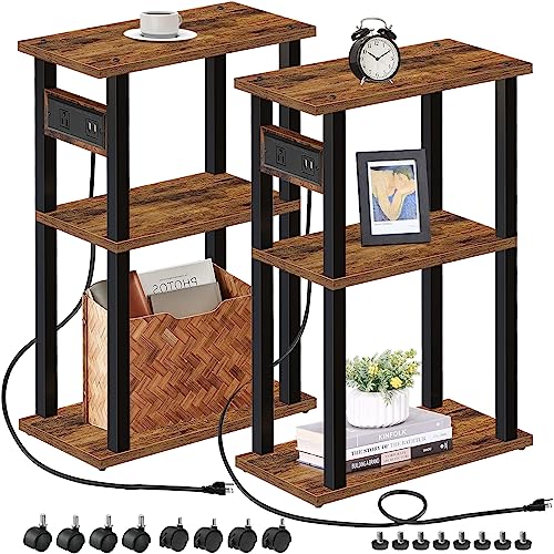 TUTOTAK Small Narrow Side Table, Set of 2 Skinny End Table | for Small Spaces, Slim Nightstand with USB Ports and Outlet,Sofa Beside Table with Wheels, Brown TB01BB047 - color: Brown, size: 2 PC, style: With Plug
