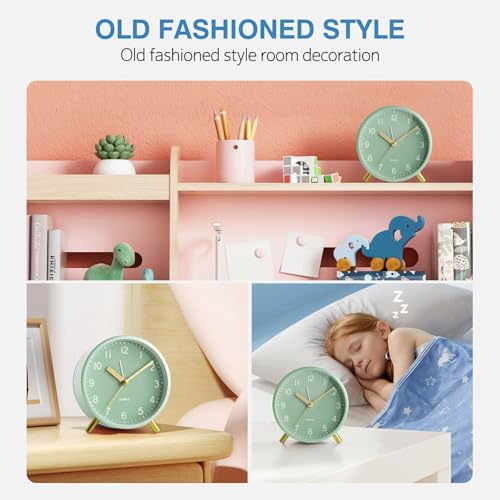 Back to School Silent Analog Quartz Alarm Clock for Kids Bedroom,Night Light, Battery Operated, Fashionable Round Metal - color: Green