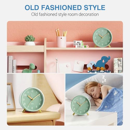 Back to School Silent Analog Quartz Alarm Clock for Kids Bedroom,Night Light, Battery Operated, Fashionable Round Metal - color: Green