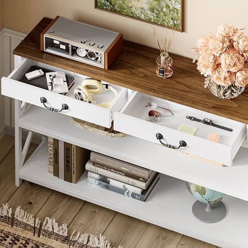 IRONCK 47.2" Farmhouse Console Table, Sofa Table with 2 Drawer, White | Narrow Long Entry Table with 2 Shelf for Entryway, Living Room, Hallway - size: 47.2inch