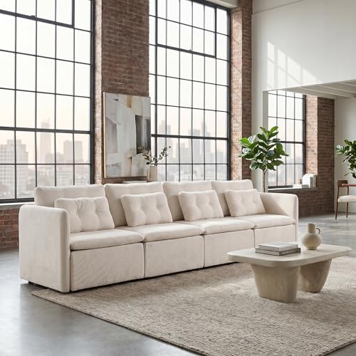 HNY 110" Modern Sectional Sofa, Beige | 4-Seat Button Tufted Modular Couch, Chenille Fabric With Pillow & Ottoman, Comfortable Deep Seat for Living Room, Apartment - color: Beige, size: 4 Seater