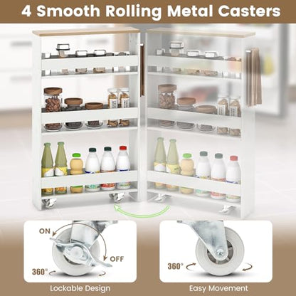 MAT EXPERT Slim Rolling Storage Cart, 4-Tier Freestanding Slim Storage Cart with Wheels 360 Degree & Metal Handle, Wooden Utility Cart for Narrow Kitchen, Laundry Room, Bathroom (White + Natural) - color: White + Natural