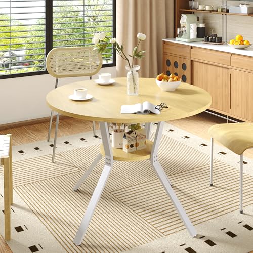 Wildhome Round Dining Table for 2-4, 43 Inch Dining Room Kitchen Table with 1-Tier Storage Shelf, Modern Farmhouse Dinner Furniture with Adjustable feet,Oval Circle(43in-Oak) - color: 43in-air-oak