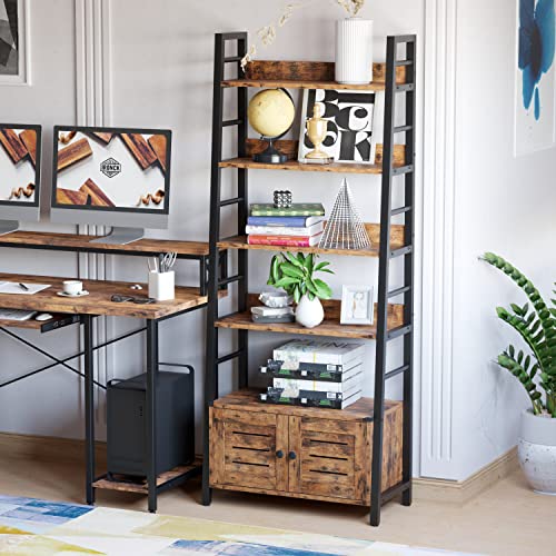 IRONCK 4 Tier Ladder Bookcase with Louvered Doors Rustic Brown | Bookshelf; Ladder Shelf;bottom cabinet; anti tip kit; for Bedroom Living Room Home Office