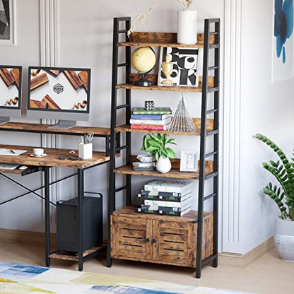 IRONCK 4 Tier Ladder Bookcase with Louvered Doors Rustic Brown | Bookshelf; Ladder Shelf;bottom cabinet; anti tip kit; for Bedroom Living Room Home Office