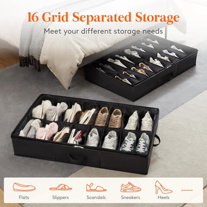 Lifewit Under Bed Shoe Storage Organizer 2 Pack(16 Shoes Cells), 4.3 Inches Profile Fabric Shoes Container Box with Clear Cover, Foldable Storage Bag with 2 Handles, Fits 16 to 32 Pairs - style: 16 Shoes Cells
