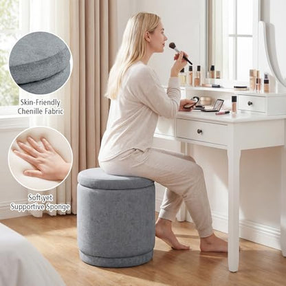 GIANTEX Round Ottoman with Storage, Chenille Fabric Vanity Stool with Removable Lid, Acacia Wood Frame, Ottoman Foot Rest for Living Room, Bedroom, Makeup Room No Assembly (Warm Light Gray)