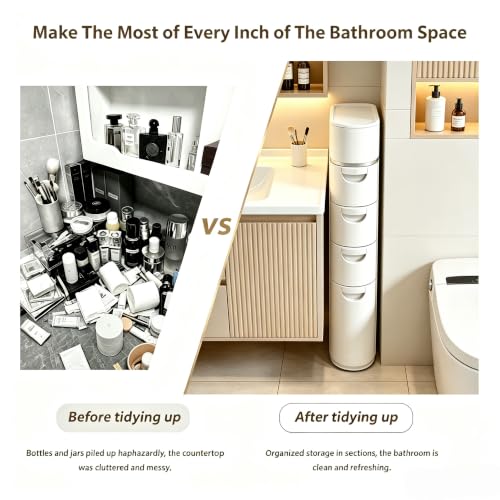 BGYMF 2-Tier Narrow Slim Bathroom Storage Cabinet with Wheels,White | No Installation Required,ABS and PP,Water Resistant,with Drawers,for Small Spaces Corner
