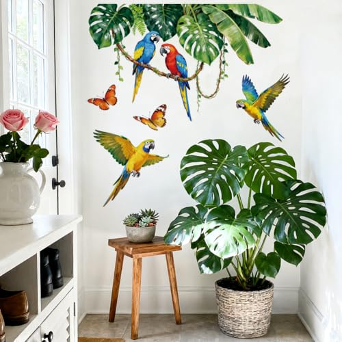 Tropical Parrot and Monstera Wall Decals, Wall Stickers Decor | 2 Sheets 11.8"x37.8" Vinyl Removable Peel and Stick Murals, Plant Decor for Bedroom, Bathroom, Office, Classroom & Home - style: Tropical Parrot and Monstera