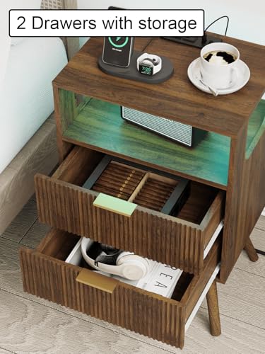 Leomonio Nightstand with Charging Station and LED Lights, Modern Bedside Table with 2 Storage Drawer and Open Wood Shelf for Bedroom and Small Spaces, Night Stand with Solid Wood Legs - color: Walnut Brown-outlet