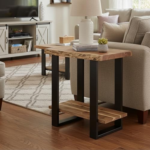 Alaterre Furniture Alpine 2-Tier End Table with Storage Shelf, 27”x17”x27” | Solid Acacia Wood Side Table with Live Edge Design and Metal Frame, Modern Nightstand or Accent Table for Living Room - size: 27"W 2-Tier