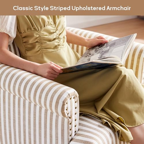 HUIMO Linen Fabric Accent Chair, Mid-Century Modern Armchair with Solid Wood Legs, Single Sofa Chair,Upholstered Reading Club Chair (1, Brown and White Stripe) - color: Brown and White Stripe