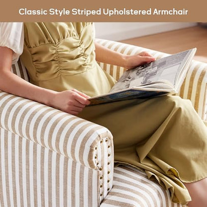 HUIMO Linen Fabric Accent Chair, Mid-Century Modern Armchair with Solid Wood Legs, Single Sofa Chair,Upholstered Reading Club Chair (1, Brown and White Stripe) - color: Brown and White Stripe