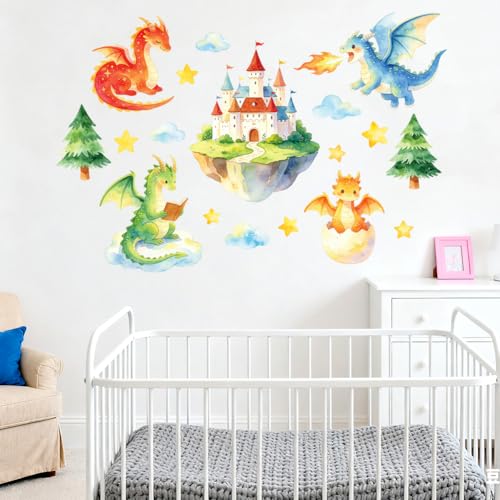 Cartoon Dragon and Castle Wall Decals, Wall Stickers Decor | 2 Sheets 11.8"x37.8" Vinyl Removable Peel and Stick Murals, Plant Decor for Bedroom, Bathroom, Office, Classroom & Home - style: Cartoon Dragon and Castle