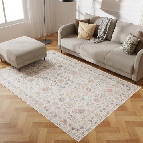 5x7 Washable Area Rug, Low Pile Faux Wool Carpet for Living Room, Bedroom, Dining Room, Vintage Flower Design, Non-Shedding Low-Pile Rug in Beige for High-Traffic Areas with Non-Slip Rubber Back